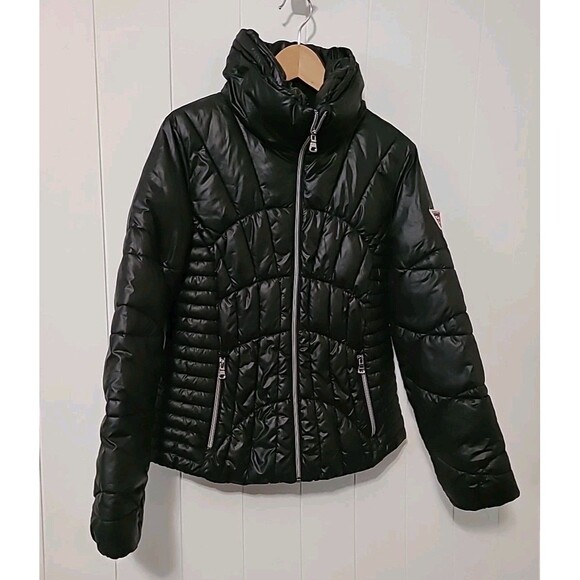 Guess Jacket Womens Medium Black Puffer Quilted Stand Collar Full Zip Pockets - Picture 2 of 11